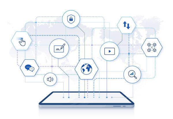 online network infographic with tablet PC on world map background