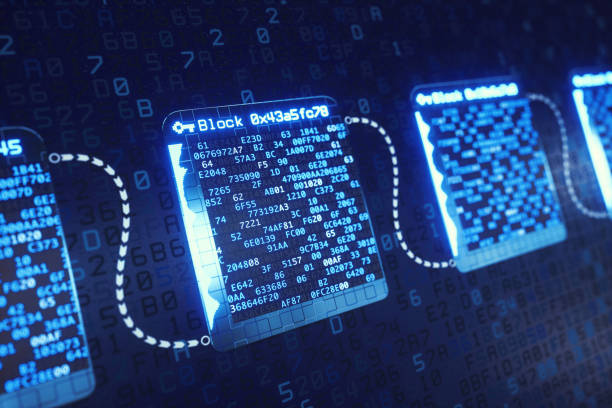 An abstract digital structure showing the concept of blockchain technology with hexadecimal hash data inside each block.  This image represents a conceptual design in the domain of IT, cyberspace, cyber security, cryptocurrency or similar industry sectors. The image is a made up 3D concept render.