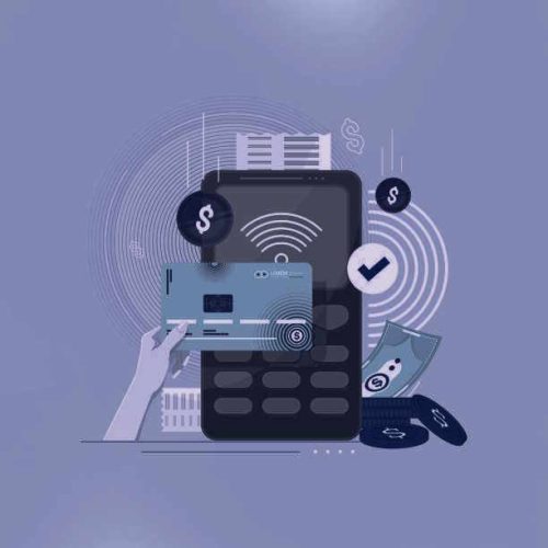 Pay by credit card via electronic wallet wirelessly on phone. New mobile banking app and e-payment vector illustration. Hand with smartphone online banking. Shopping by phone and connected card. stock illustration